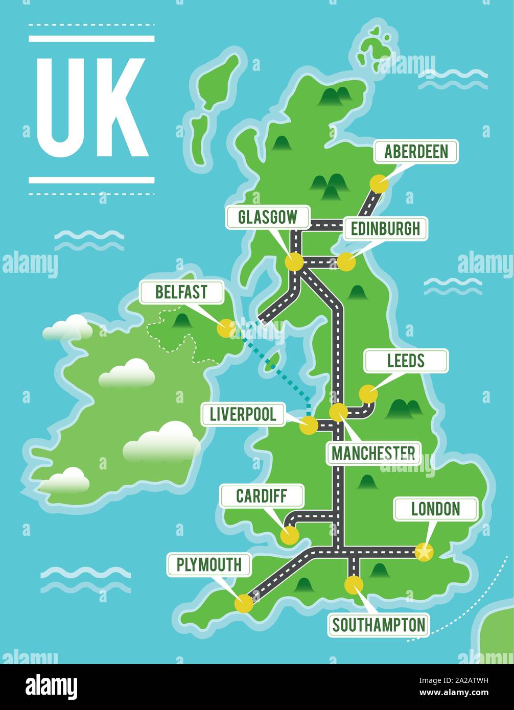 Cartoon Vektorkarte des Vereinigten Königreichs. Reisen Abbildung mit britischen wichtigsten Städten. Stock Vektor
