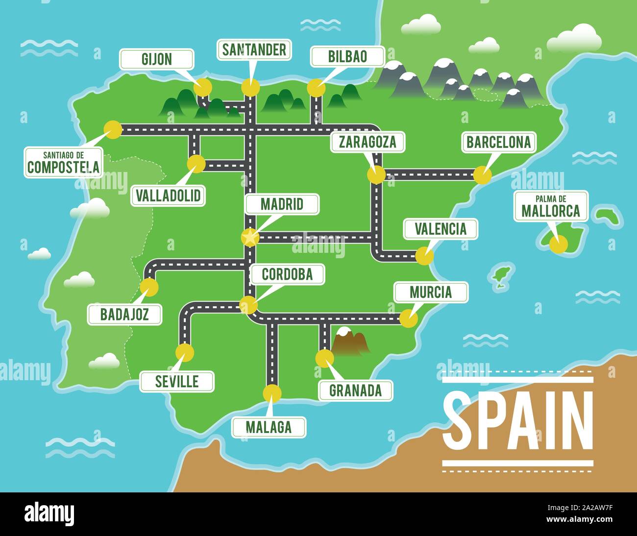 Cartoon Vektorkarte von Spanien. Reisen Abbildung mit spanischen wichtigsten Städten. Stock Vektor