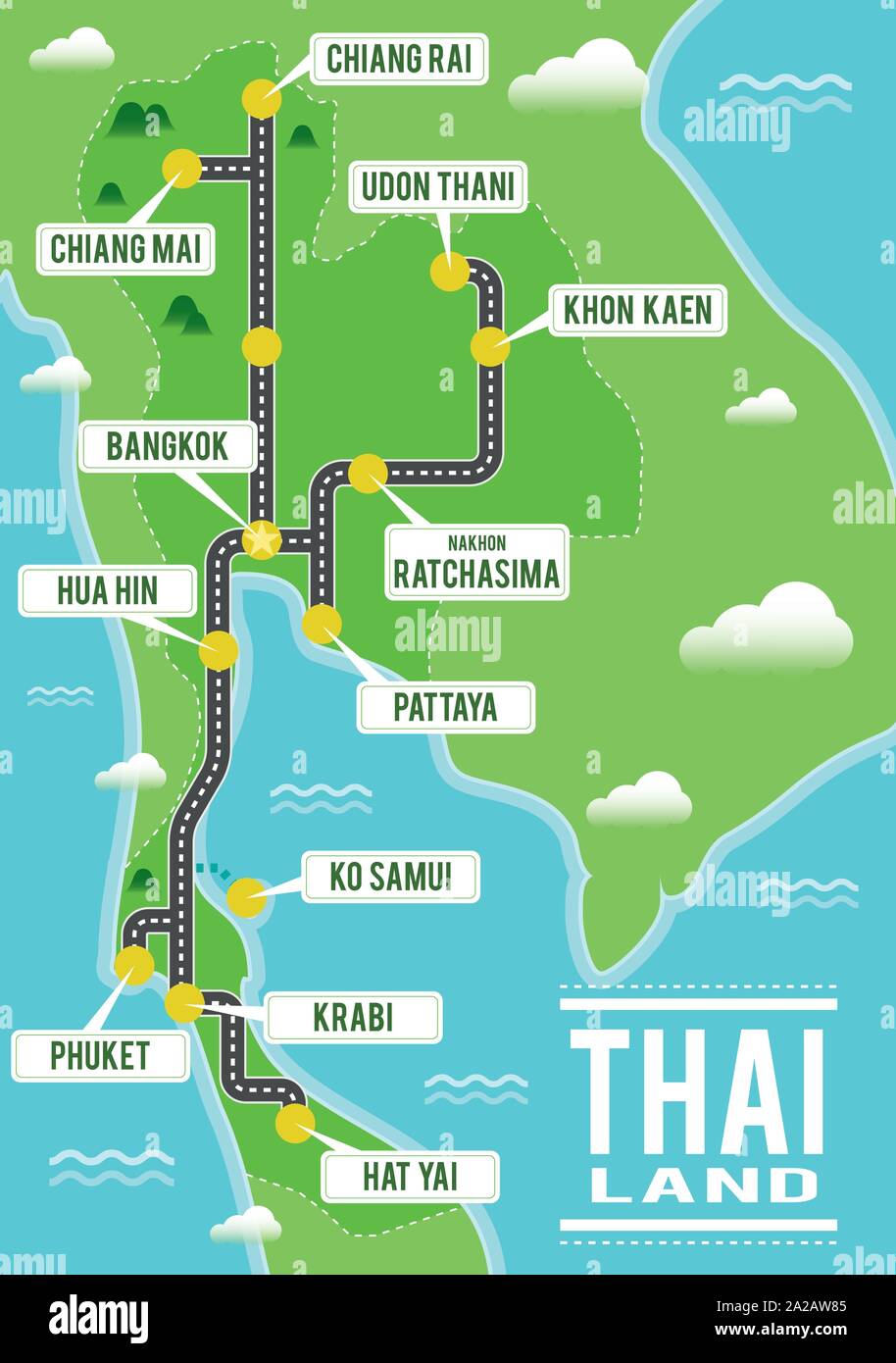 Cartoon Vektor Karte von Thailand. Reisen Abbildung mit Thai wichtigsten Städten. Stock Vektor