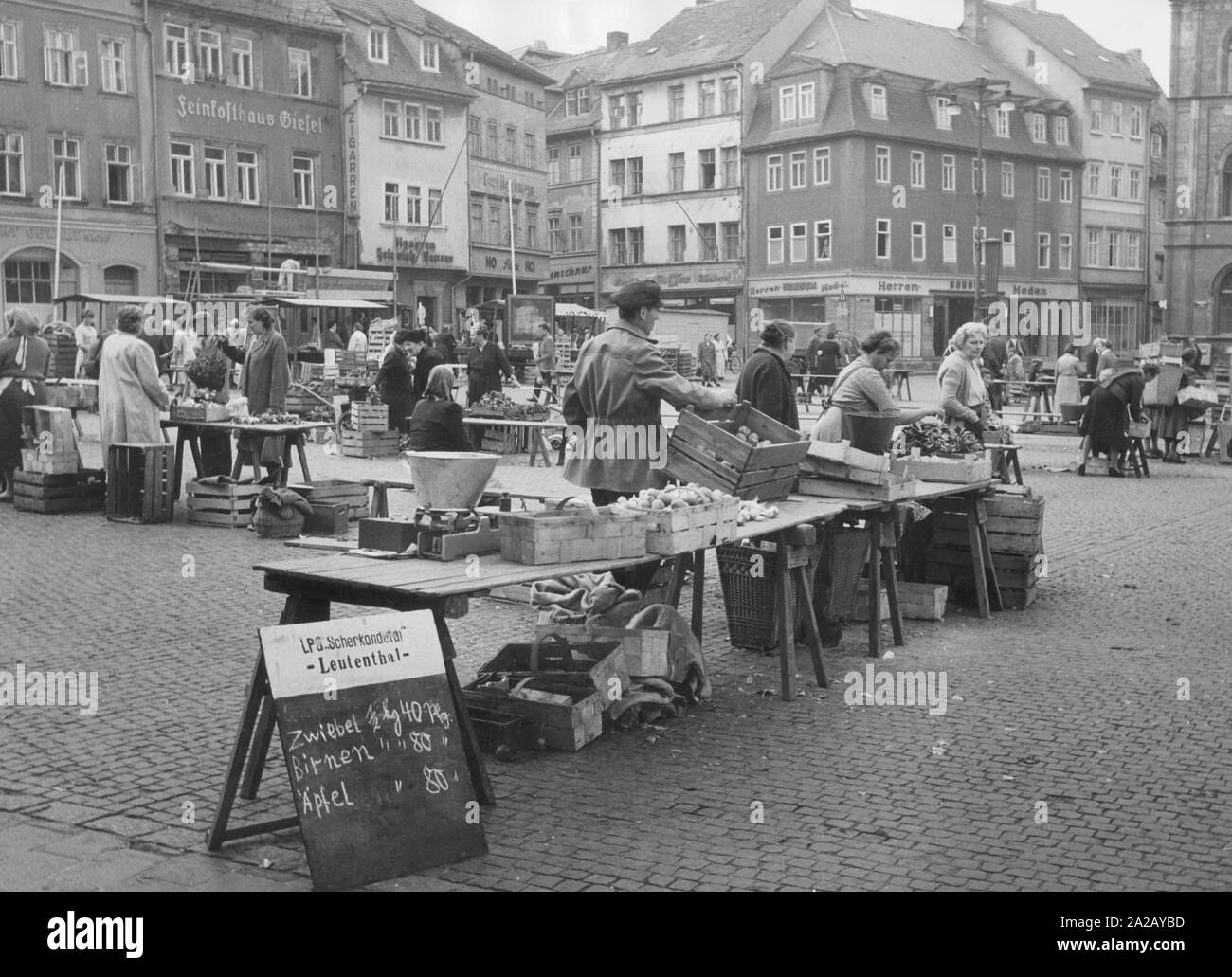 Marktstand mit Zwiebeln, Birnen und Äpfel auf einem Wochenmarkt in Weimar. Stockfoto