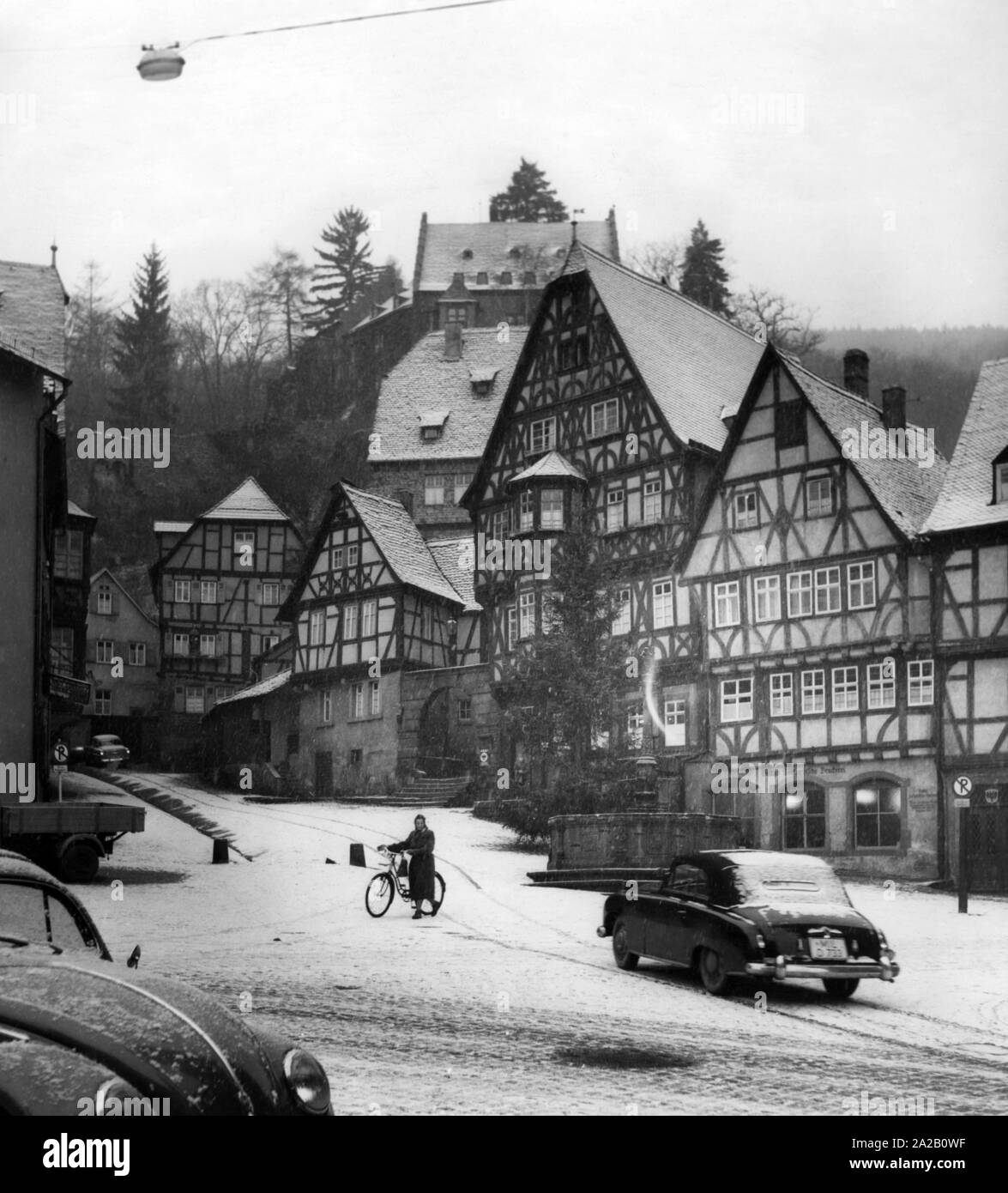 Blick auf historische Fachwerkhäuser in der fränkischen Stadt Miltenberg. Stockfoto