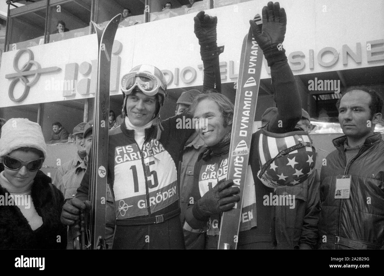 Die Alpine Ski-WM in Val Gardena zwischen 7.2.1970 und 15.2.1970, und er hatte die nur Wm so weit, deren Ergebnisse die Alpine Ski WM enthalten. Foto von Athleten aus der Schweiz Bernhard Russi (links) und die Amerikanische Billy Kidd (rechts), vermutlich kurz nach der Abfahrt. Stockfoto