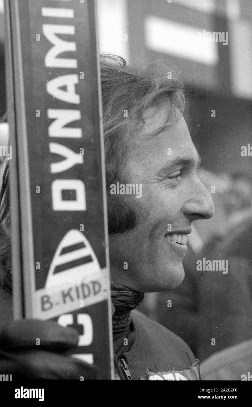 Die Alpine Ski-WM in Val Gardena zwischen 7.2.1970 und 15.2.1970, und er hatte die nur Wm so weit, deren Ergebnisse die Alpine Ski WM enthalten. Foto der amerikanischen Skifahrer William Winston 'Billy' Kidd, entweder nach seinem 3. Platz im Slalom oder seinen ersten Platz im kombinierten Wettbewerb. Stockfoto