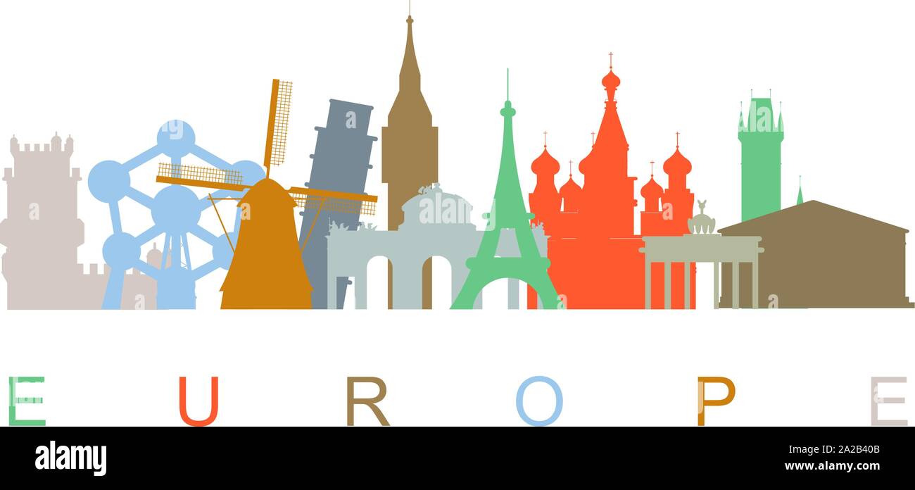 Europa skyline Sehenswürdigkeiten Silhouetten. Vector Illustration Stock Vektor