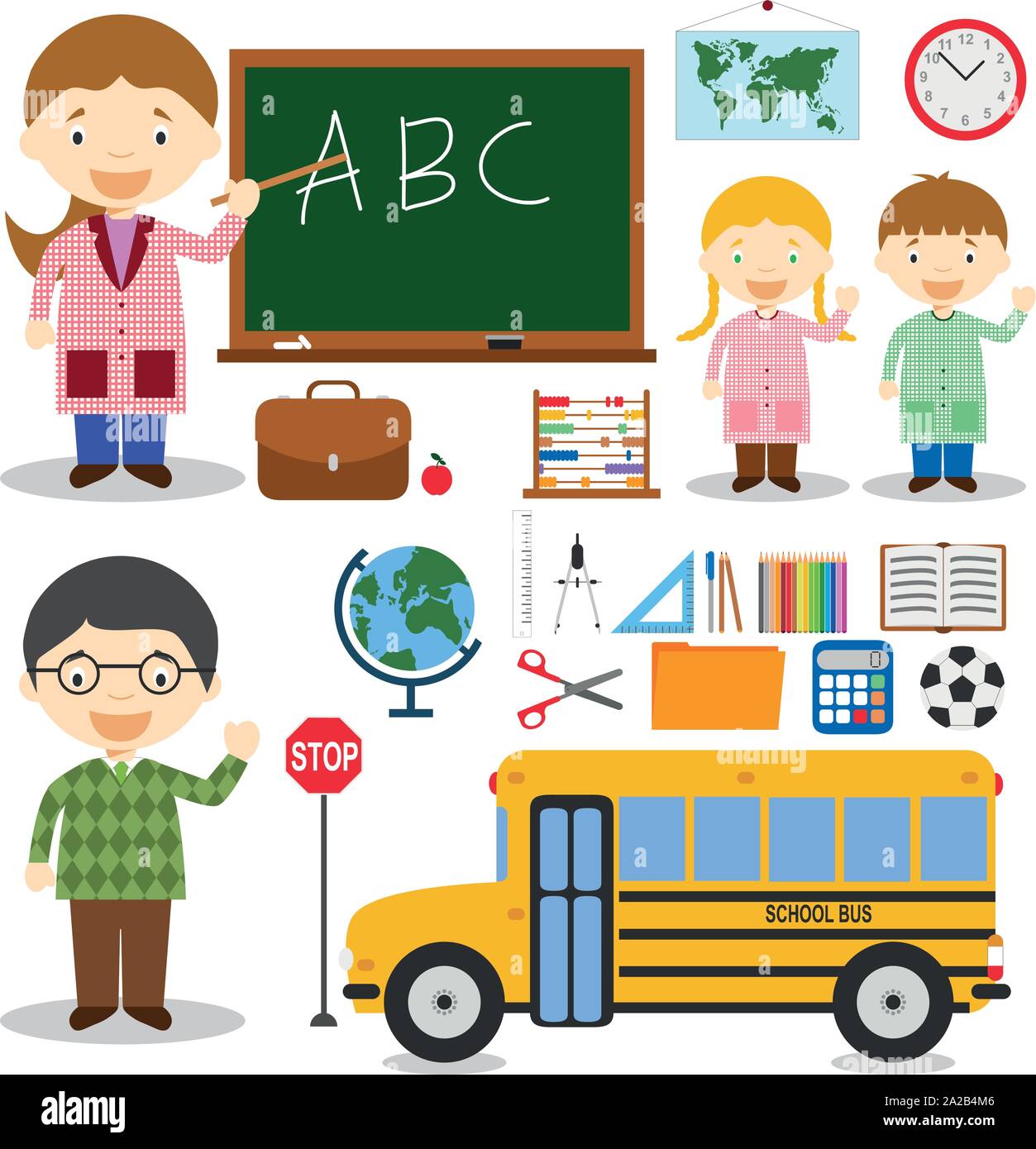 Lehrer und Schule zeichen Vector Illustration, mit pädagogischen Symbole und Objekte festlegen Stock Vektor