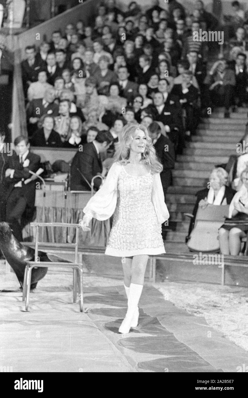 Ein zirkusprogramm wurde jährlich von Berühmtheiten vor Publikum für die TV-Show 'Die Goldene A Perfect Solution" bei Circus Krone in München statt. Eine Frau in Weiß gekleidet Spaziergänge rund um die Manege, vermutlich Schauspielerin Vivi Bach. Stockfoto
