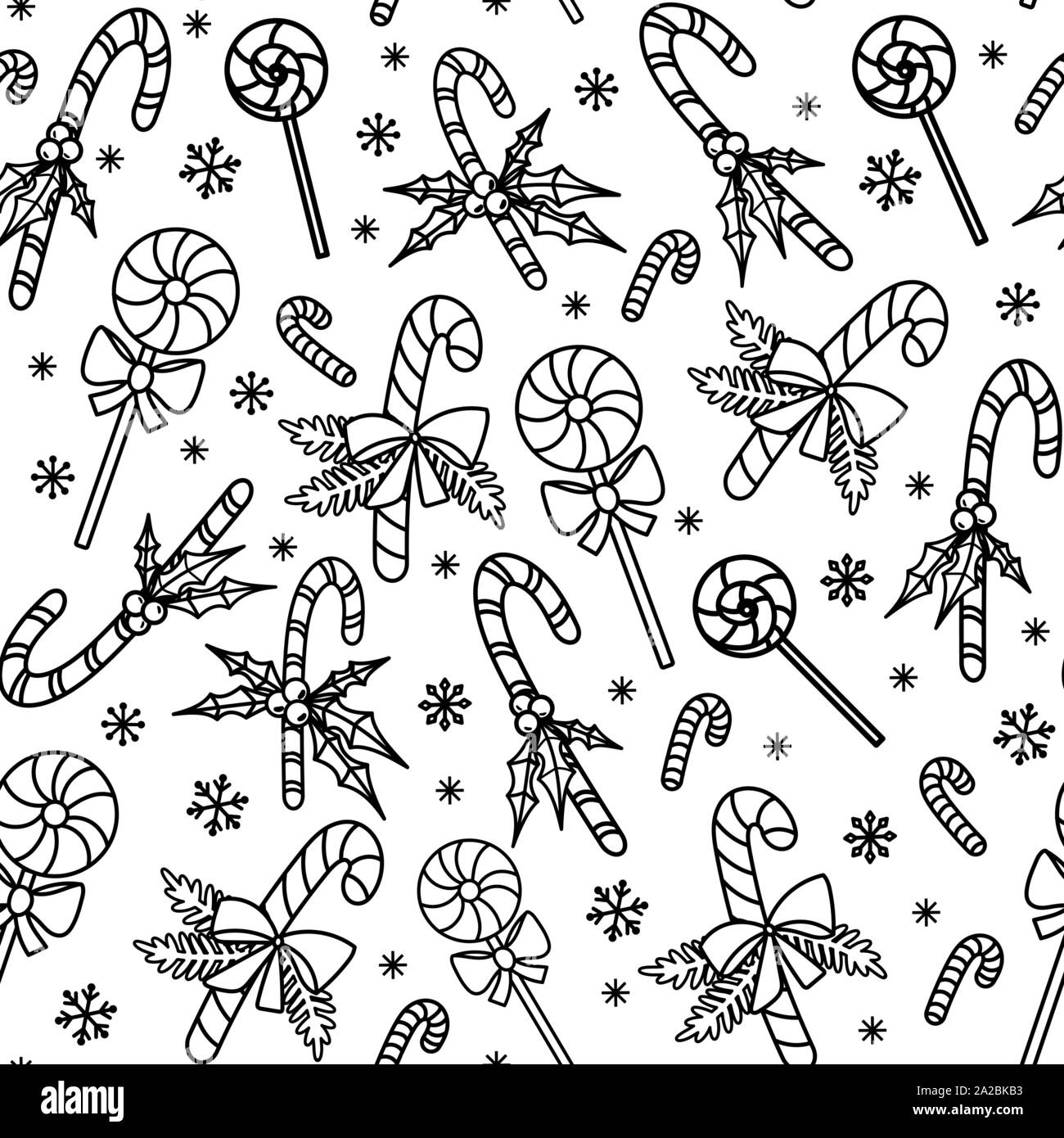 Weihnachten nahtlose Muster mit Zuckerstangen und Lutscher. Hand gezeichnet doodle Stil. Schwarze und weiße Vector Illustration. Auf weissem Hintergrund. Perfekt für Geschenkpapier und Malvorlagen Stock Vektor