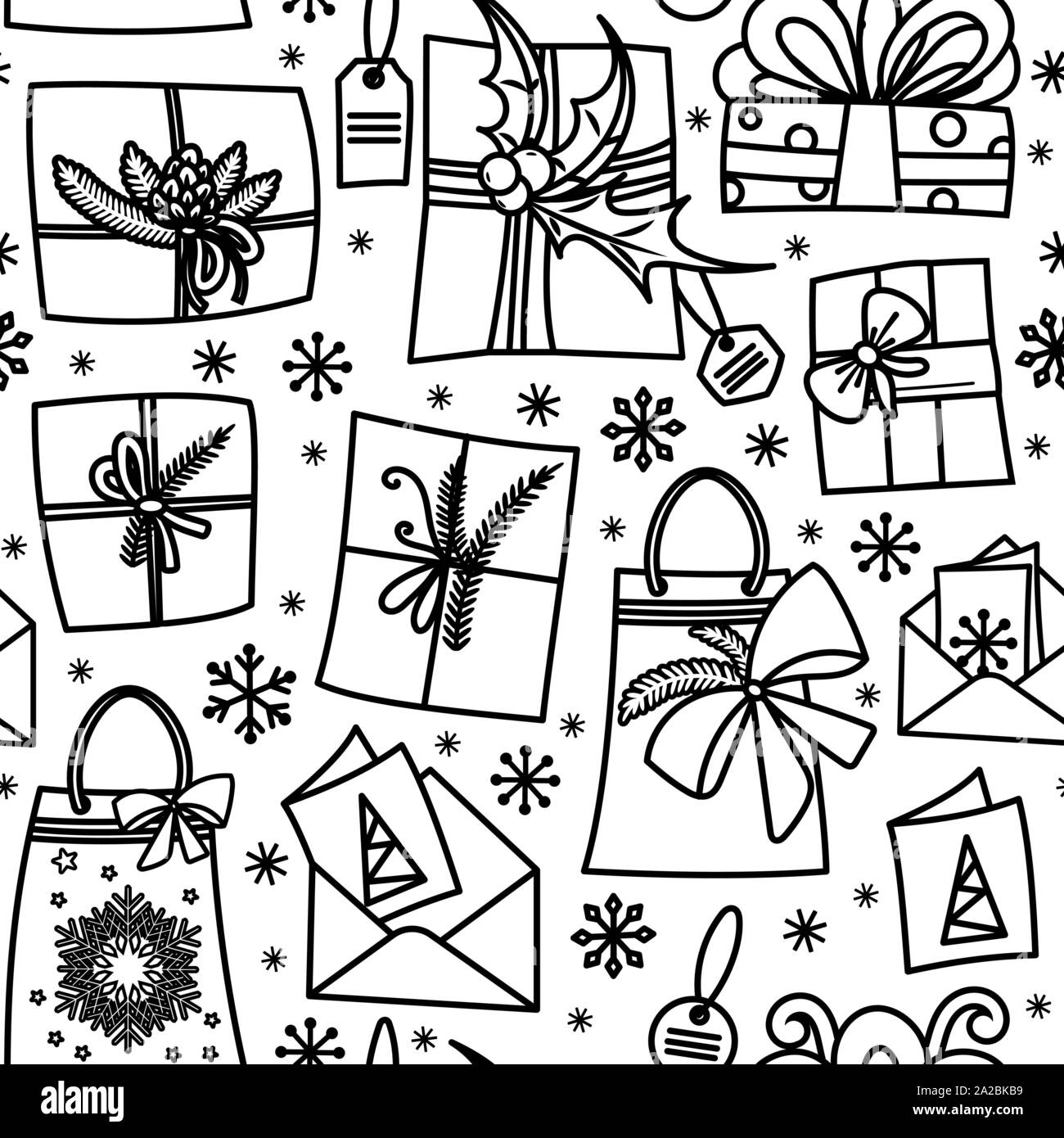 Nahtlose Muster mit Geschenkboxen, Bänder und Bögen. Winterurlaub präsentiert in Hand gezeichnet doodle Stil. Schwarze und weiße Vector Illustration. Auf weissem Hintergrund. Perfekt für Malvorlagen Stock Vektor