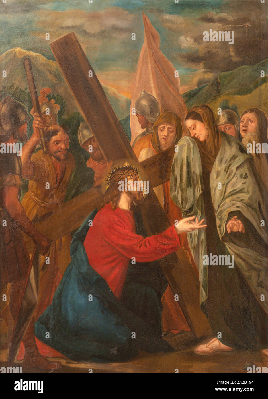 ARCO, ITALIEN - Juni 8, 2018: Das Gemälde Jesus begegnet den Frauen von Jerusalem (Teil ot Kreuzweg) in der Chiesa Collegiata dell'Assunta. Stockfoto