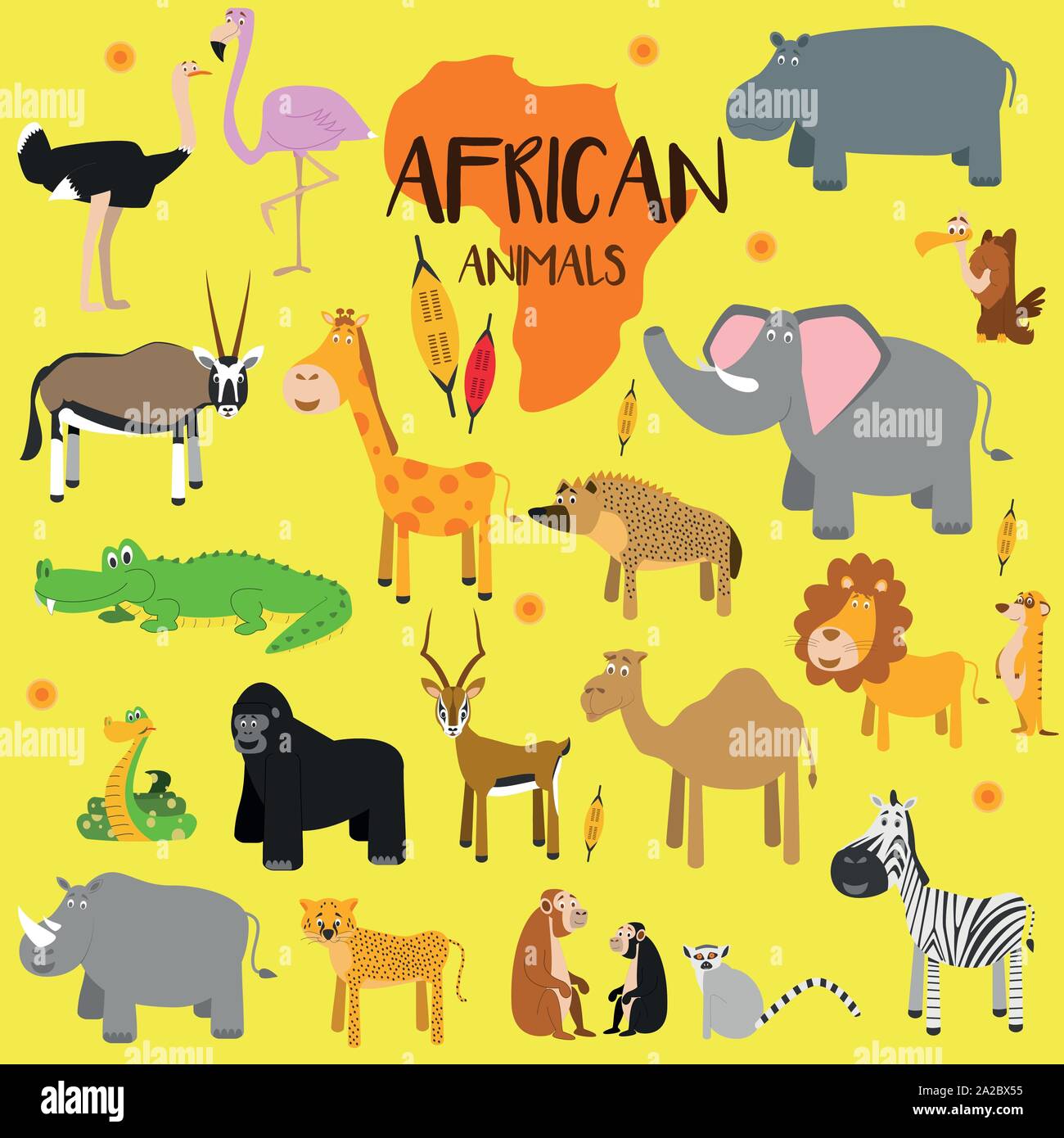 Vektor einrichten der afrikanischen Tiere. Flat Style Charakter. Vector Illustration. Stock Vektor