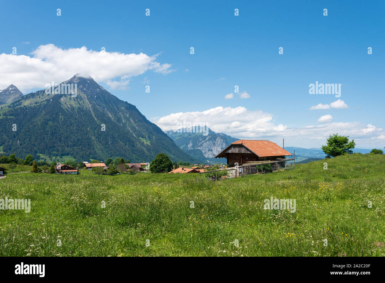 Landschaft mit Berg Niesen, Aeschi bei Spiez, Berner Oberland, Schweiz, Europa Stockfoto