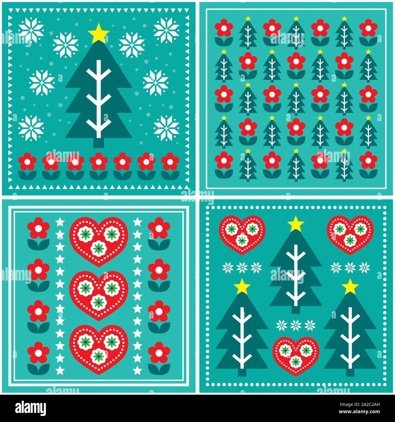 Weihnachten Volkskunst vector Pattern, Design Collection mit Weihnachtsbaum, Blumen, Herzen in rot und türkis grün - Skandinavische Grußkarte Stock Vektor