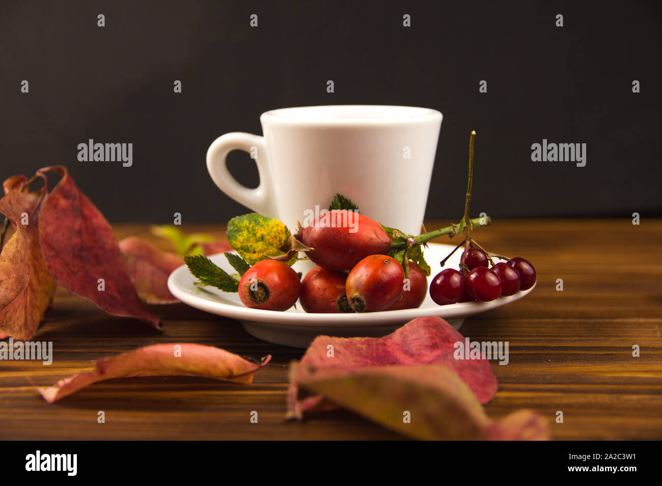 Weiße Tasse mit Hagebutten Herbst Blätter auf einem dunklen Hintergrund Stockfoto