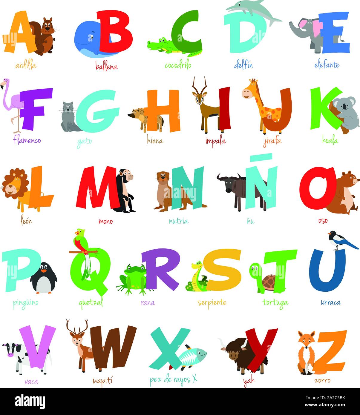 Cute cartoon Zoo illustrierte Alphabet mit lustigen Tieren. Spanische Alphabet. Lernen zu lesen. Isolierte Vector Illustration. Stock Vektor