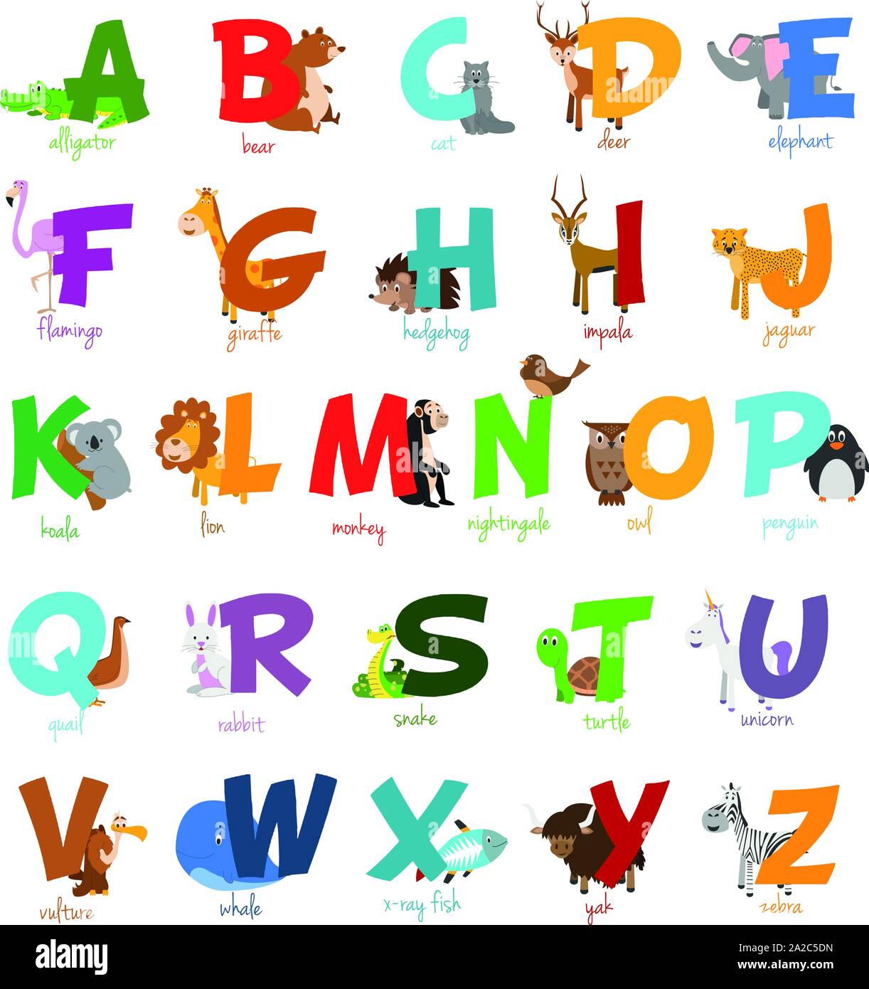 Cute cartoon Zoo illustrierte Alphabet mit lustigen Tieren. Englische Alphabet. Lernen zu lesen. Isolierte Vector Illustration. Stock Vektor