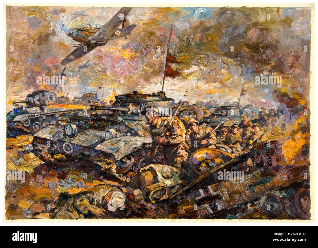 Britische, WW2, Artwork, britische Soldaten und Panzer vorrücken, Malerei, 1939-1946 Stockfoto