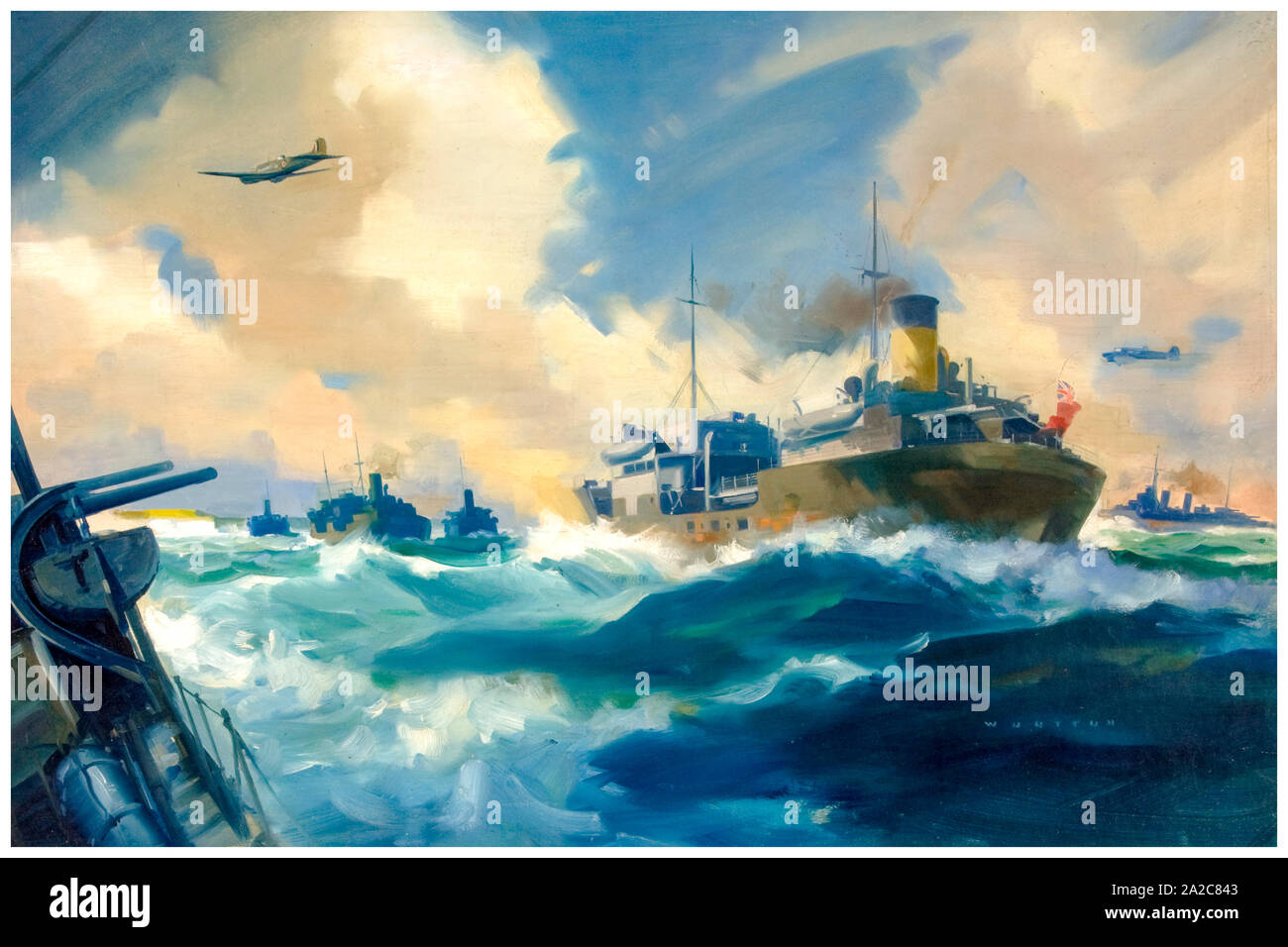 Britische, WW2, Artwork, Atlantic Convoy Szene, (Schiffe und Flugzeuge auf See), Gemälde von Frank Wootton, 1939-1946 Stockfoto