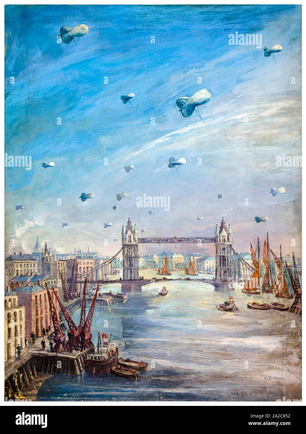Britische, WW2, Artwork, Barrage balloons auf die Themse und die Tower Bridge in London, England, UK fliegen, Malerei von Eve Kirk, 1939-1946 Stockfoto
