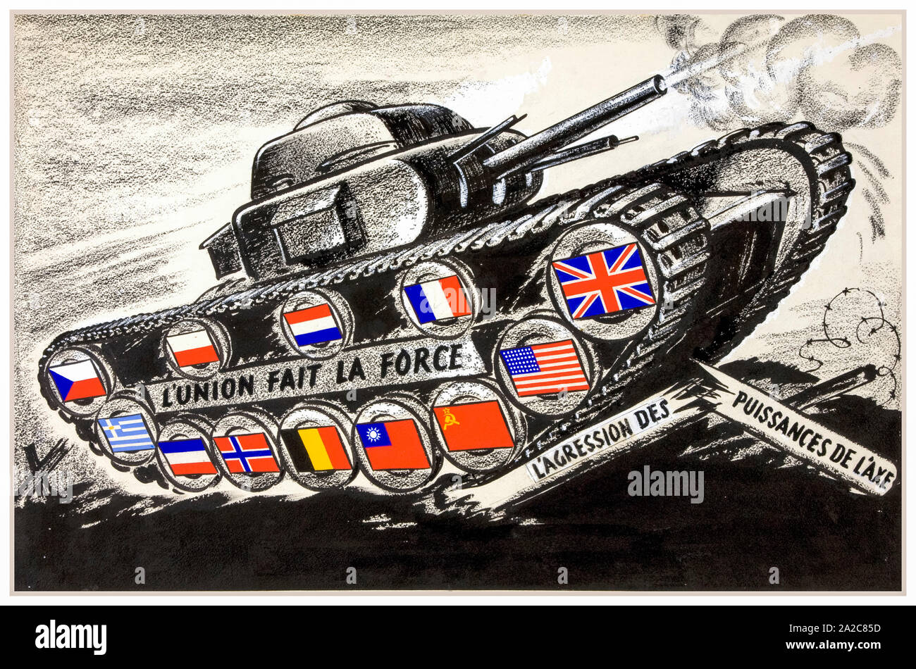 Britische, WW2, Einheit der Kraft, Plakat, Inter-alliierten Zusammenarbeit, Tank mit alliierten Fahnen am Anschluss Treibräder, 1939-1946 Stockfoto