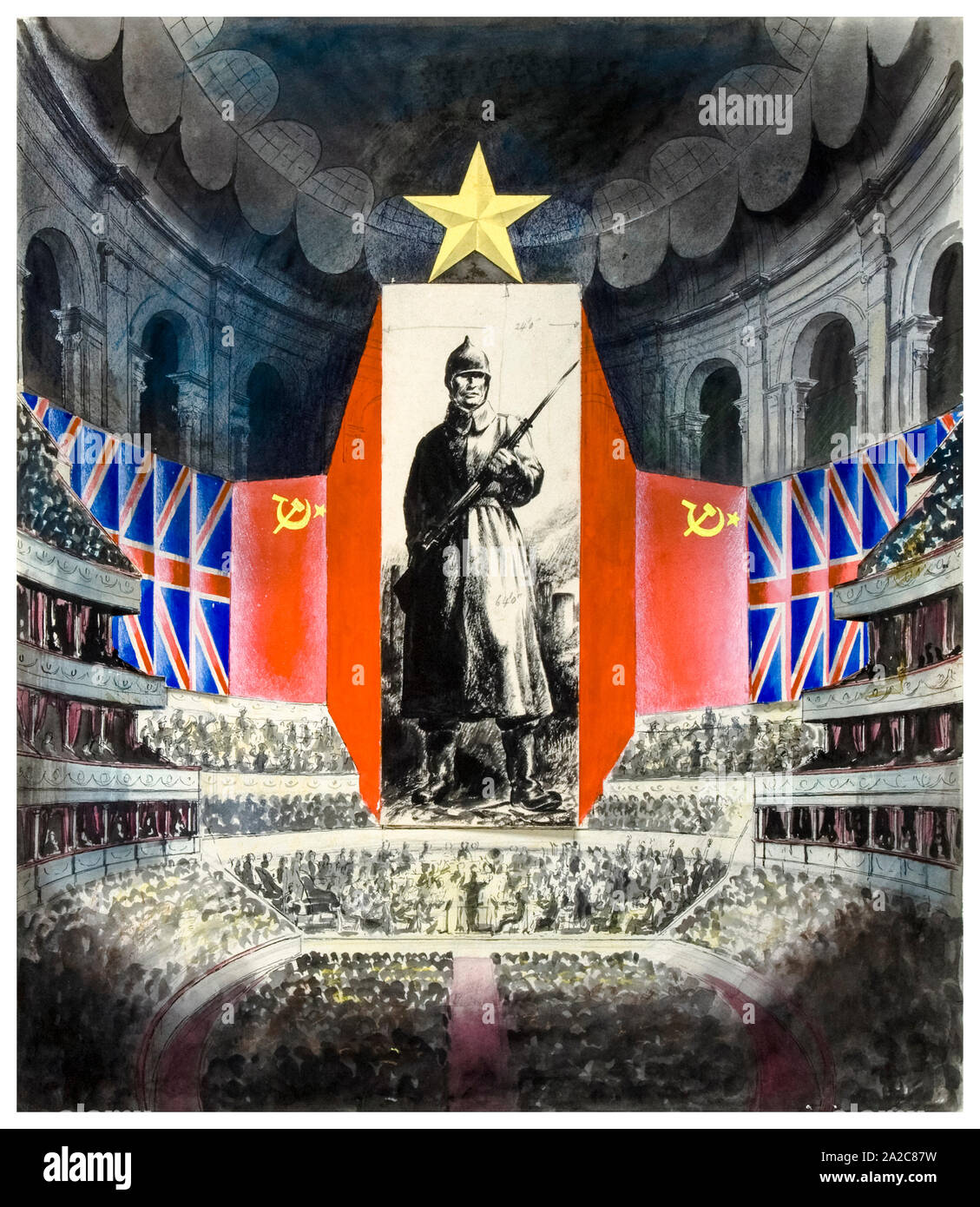 Britische, WW2, Einheit der Kraft, der Inter-alliierten Zusammenarbeit Poster, Konzerthalle und Orchester gegen Bild der Russischen Infanteristen, 1939-1946 Stockfoto