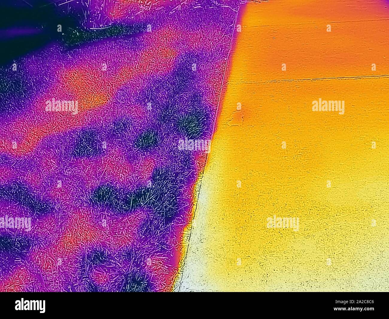 Wärmebild der Wärmebildkamera, mit hellen, höheren Temperaturen entsprechenden Bereichen, mit heißem gepflasterten Gehweg (R) im Gegensatz zu kälterem Grünbereich (L), was den städtischen Wärmeinseleffekt illustriert, bei dem eine größere Anzahl gepflasterter Flächen in Städten, San Ramon, Kalifornien, 2. September 2019, höhere Temperaturen zur Folge hat. () Stockfoto
