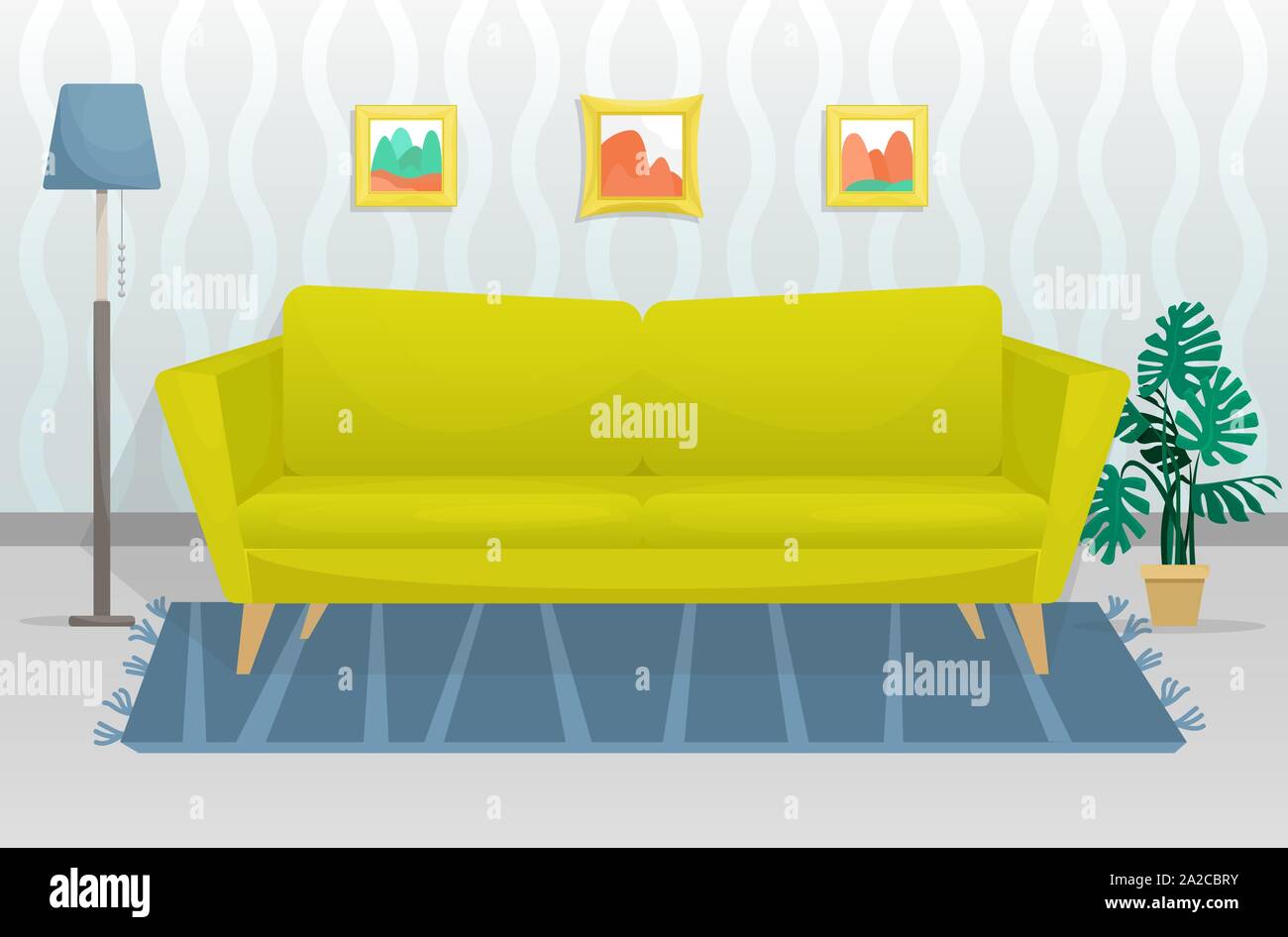 Die flache trendige Einrichtung verfügt über einen hölzernen Beinen Sofa und Bilder an der Wand. Flache Vector Illustration Stock Vektor