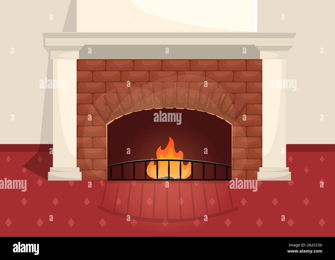 Gemauerten Kamin in klassische Einrichtung mit weißen dekorative Elemente. Die Wärme vom Feuer in der Wohnung. Flache Vector Illustration. Stock Vektor