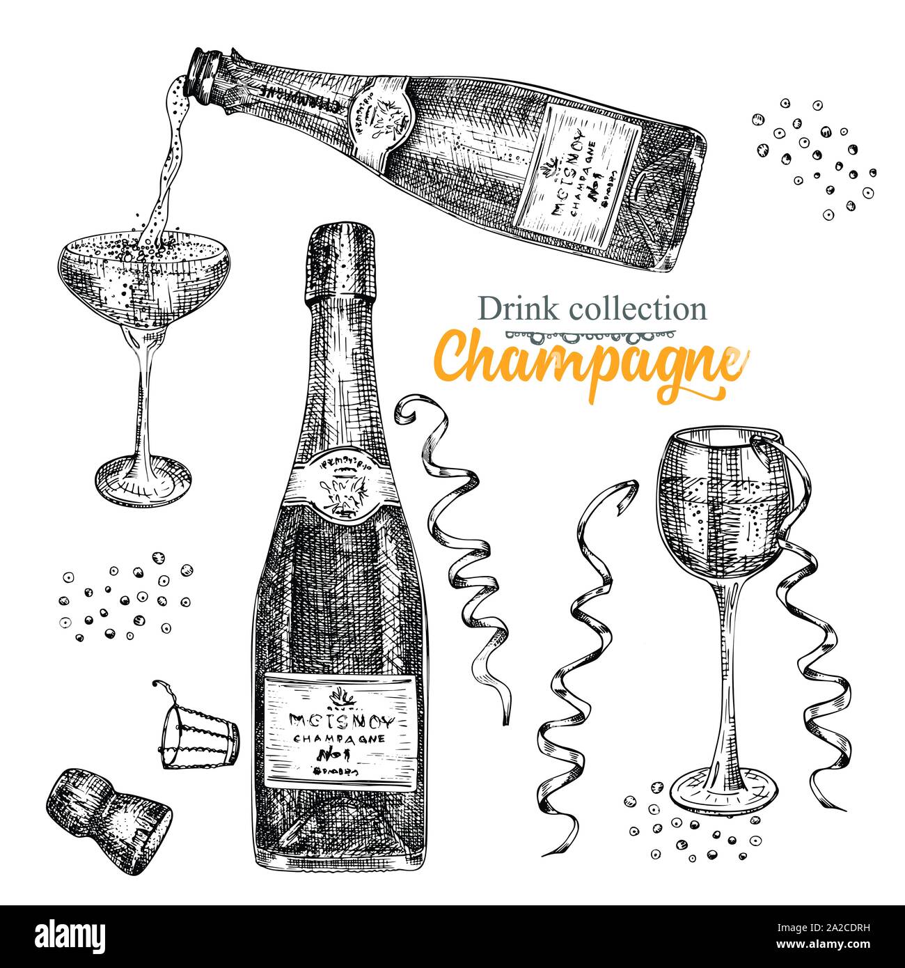 Set hand gezeichnete Skizze Flasche und Gläser Champagner, Vintage Design bar, restaurant, cafe Menü auf weißem Hintergrund. Grafik vektor Art Kreativ Stock Vektor
