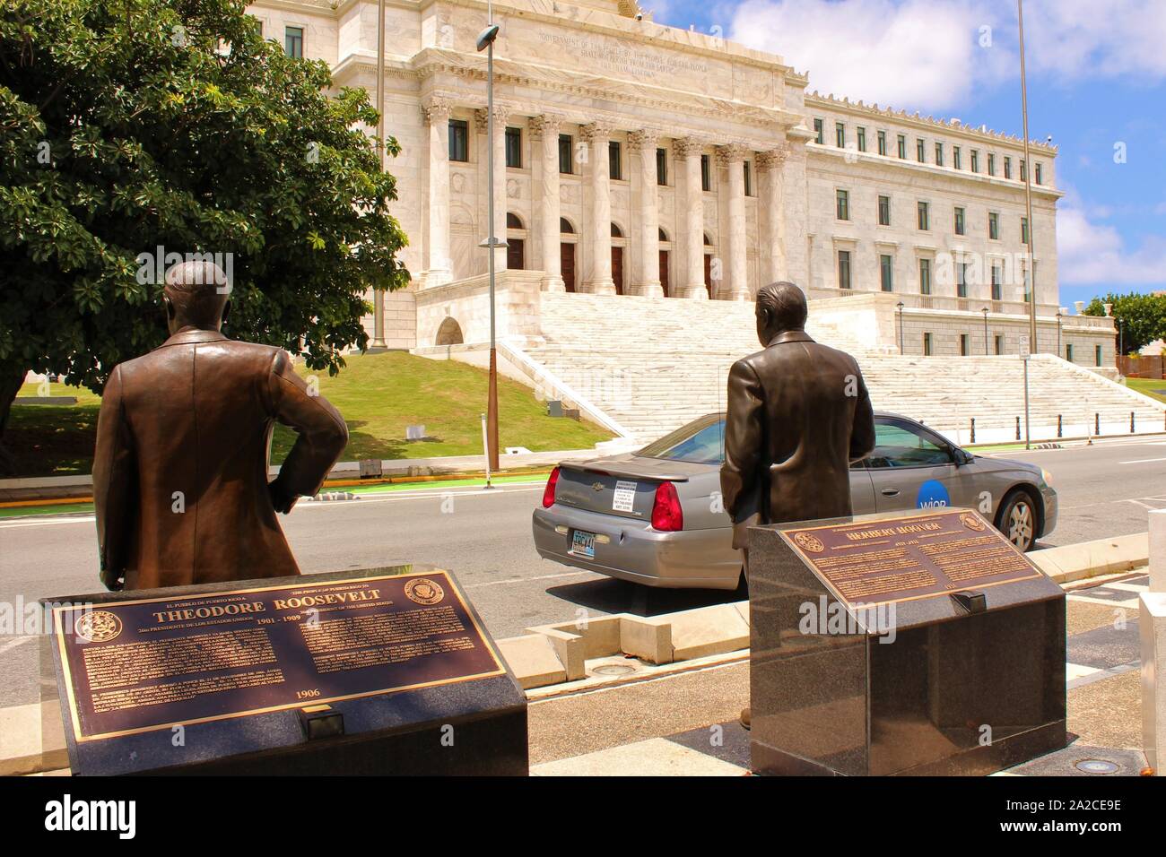 Bronze Statuen von Theodore Roosevelt und Herbert Hoover, zwei der neun Statuen feiert die neun US-Präsidenten Puerto Rico besucht zu haben. Stockfoto