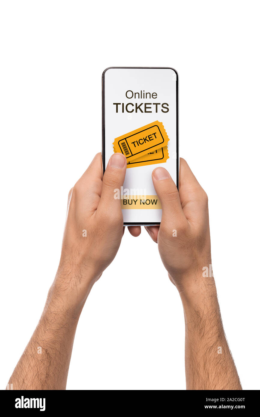 Man verwendet die Anwendung für den Kauf von Eintrittskarten online auf dem Smartphone Stockfoto