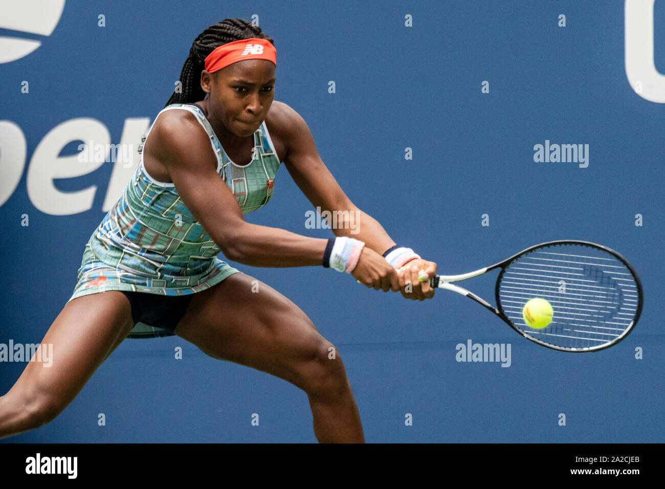 Coco Gauff der USA konkurrieren in der ersten Runde der US Open Tennis 2019 Stockfoto