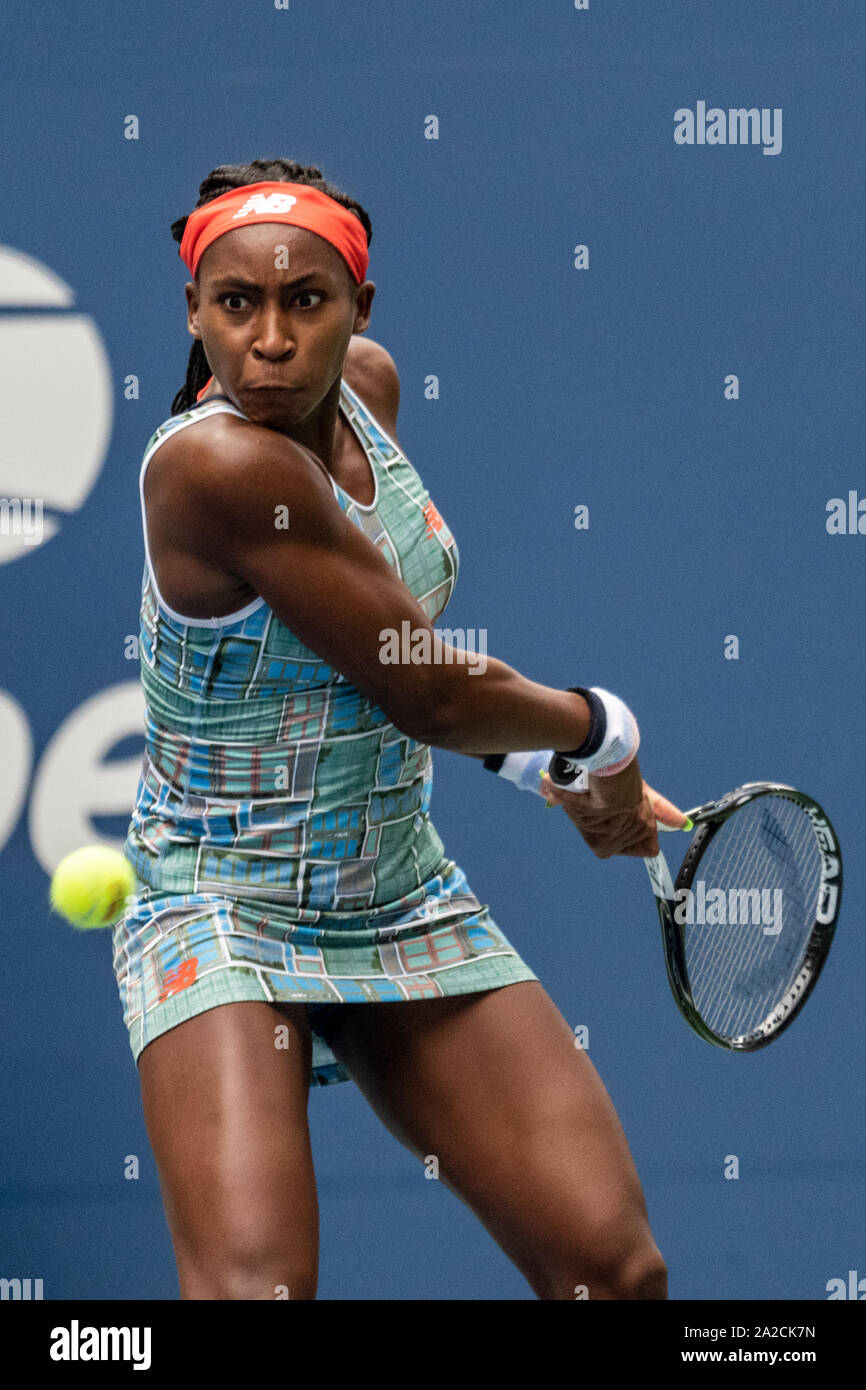 Coco Gauff der USA konkurrieren in der ersten Runde der US Open Tennis 2019 Stockfoto