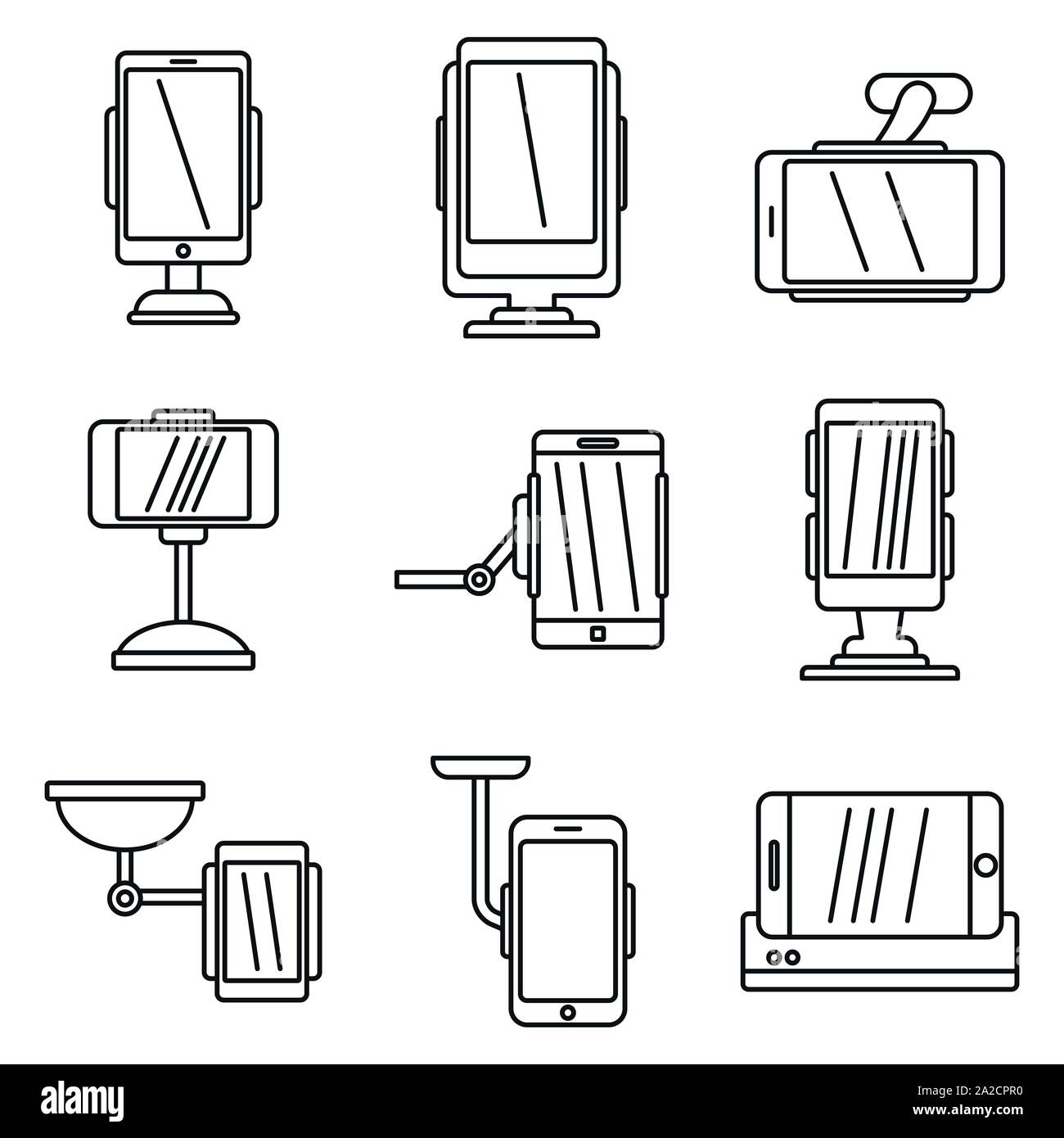 Mobile Halterung stehen Symbole gesetzt. Umrisse der mobilen Halter Ständer Vector Icons für Web Design auf weißem Hintergrund Stock Vektor