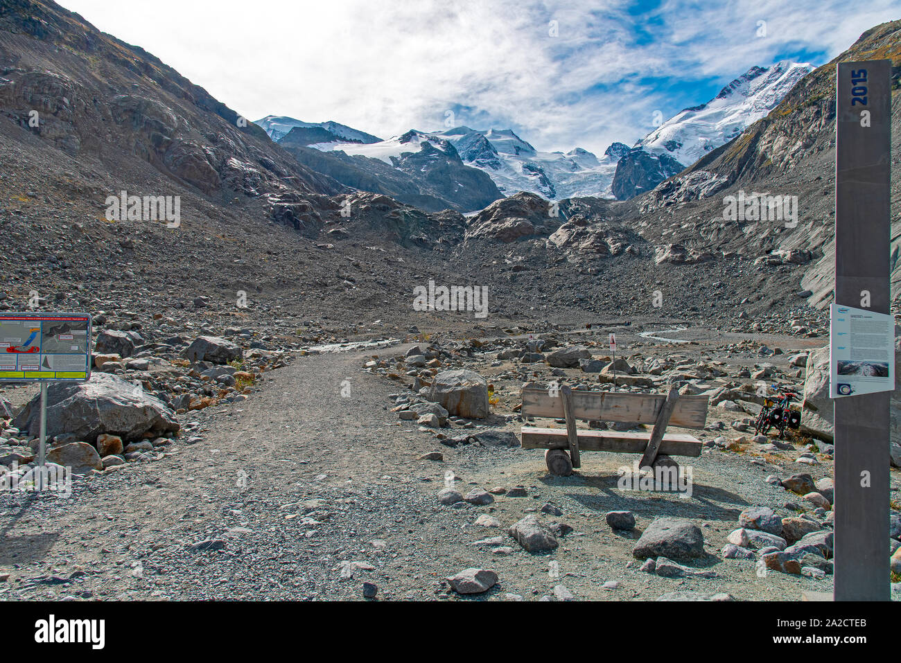 Der Morteratschgletscher Retreat seit 2015 im Schweizerischen Rhätischen Alpen Stockfoto
