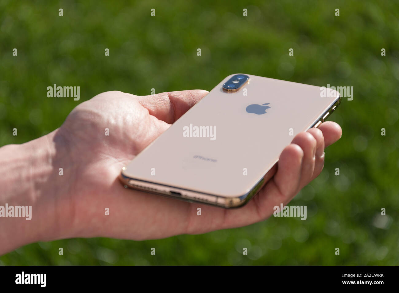 IPhone Xs Max gold Smartphone von Apple Computer schliessen in männlicher Hand auf dem Hintergrund des grünen Grases. Italien, Toskana, Pisa. 26. Dezember 2018 Stockfoto