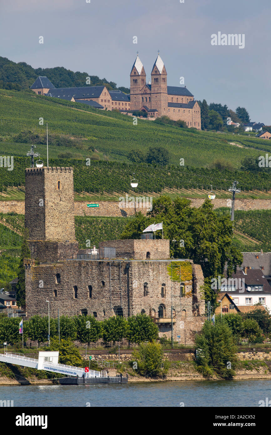 Skyline von Rüdesheim am Rhein, Abtei St. Hildegard an der Rückseite, Benediktinerkloster, Brömserburg mit der Rheingauer Weinmuseum in der Vorderfront, Stockfoto