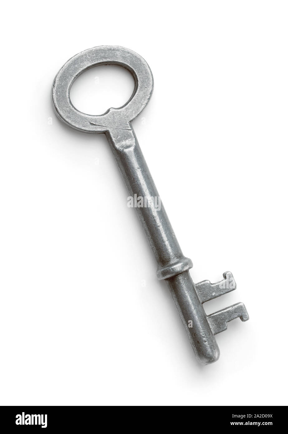 Blick von oben auf die alte Metall Schlüssel isoliert auf weißem Stockfoto