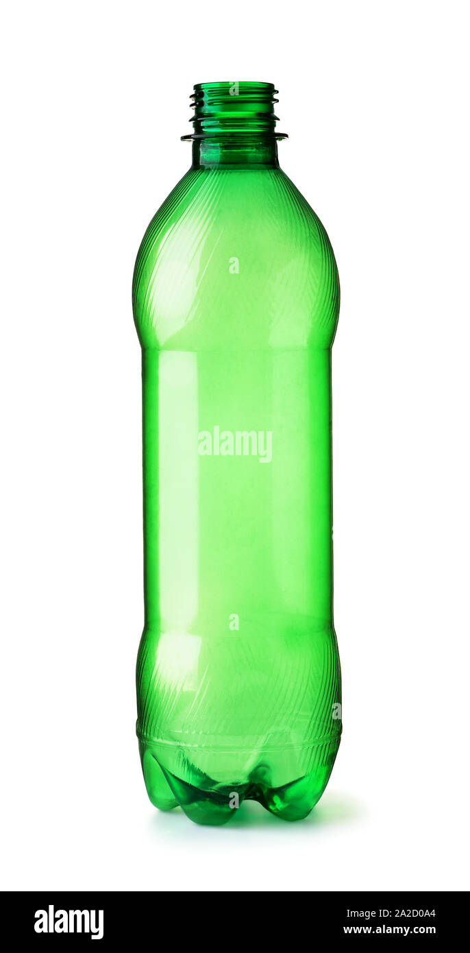 Vorderansicht des leeren PET-Kunststoff grüne Flasche isoliert auf weißem Stockfoto