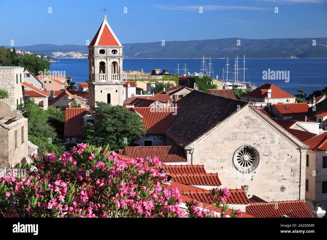 Omis. Altstadt in Kroatien. Oleander Blumen und Sehenswürdigkeiten Architektur. Stockfoto