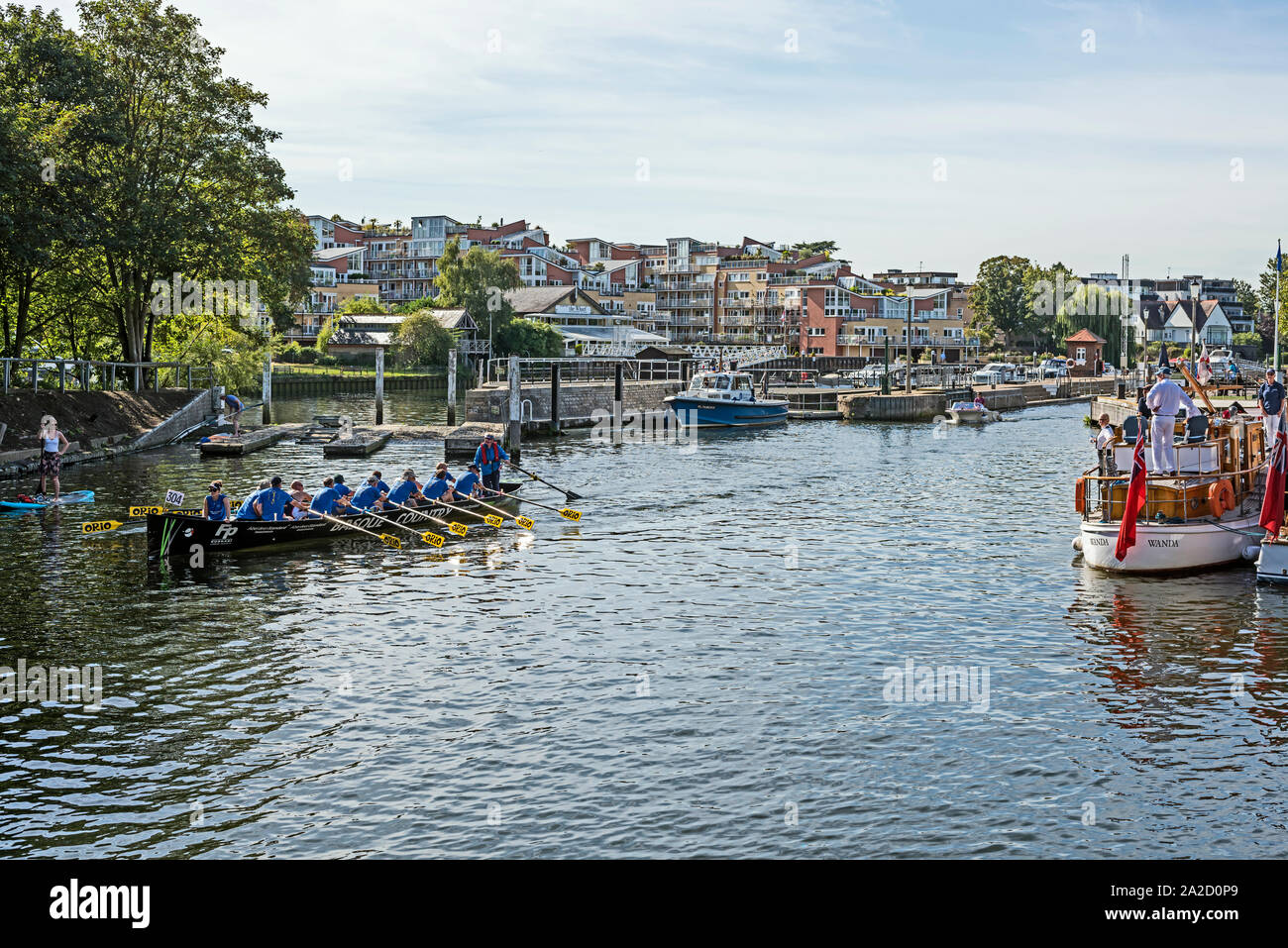 Traditionelle Boote außerhalb Teddington Lock, London, UK während der Great River Race 2019 mit Menschen/Crew beobachten rudern Crew verlassen. Stockfoto