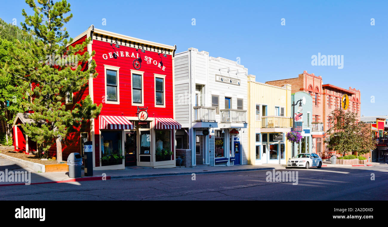 Gebäude entlang der Straße, Main Street, Park City, Utah, USA Stockfoto