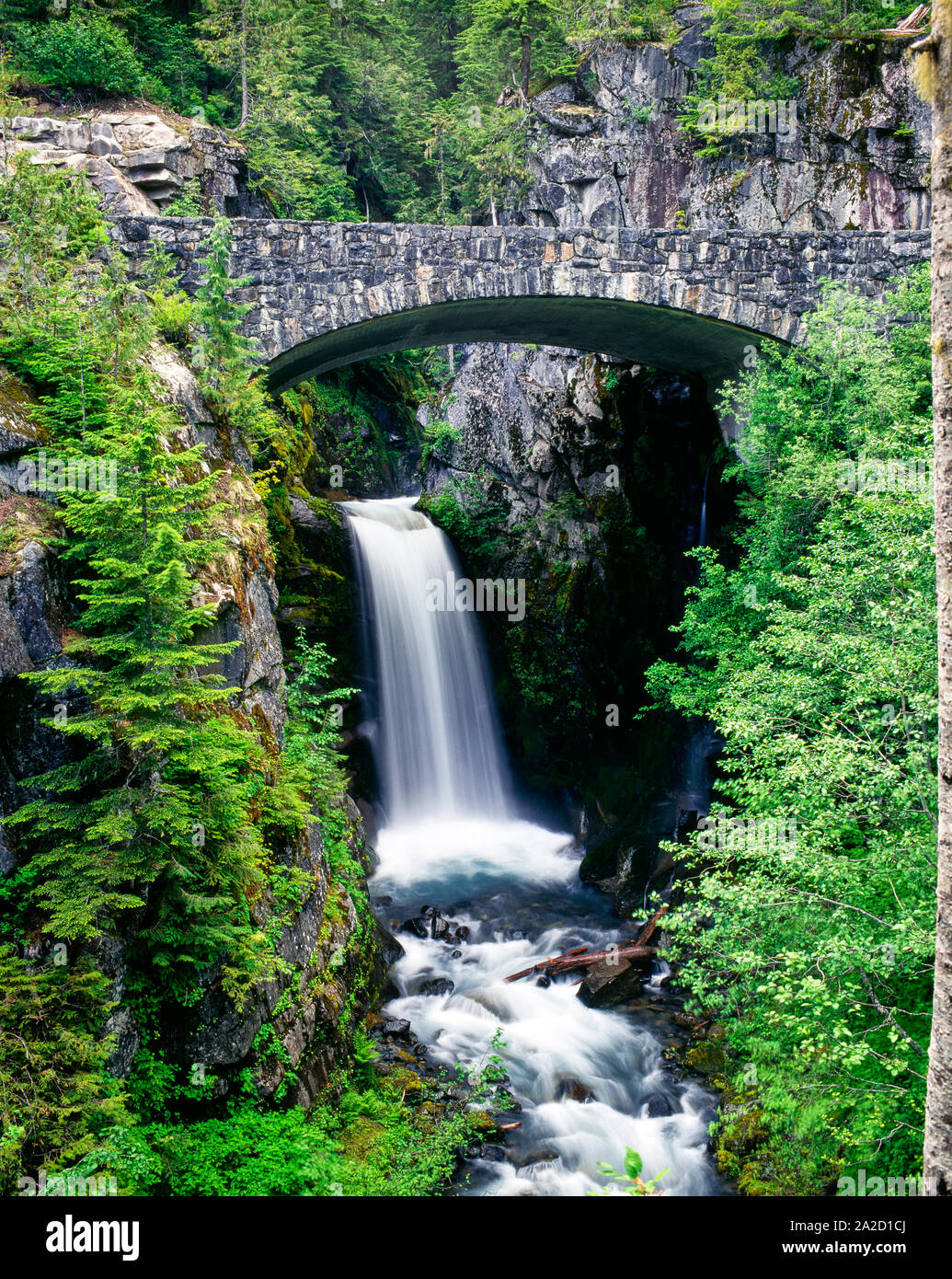 Steinerne Brücke führt über Christine fällt, Mt Rainier National Park, Washington State, USA Stockfoto