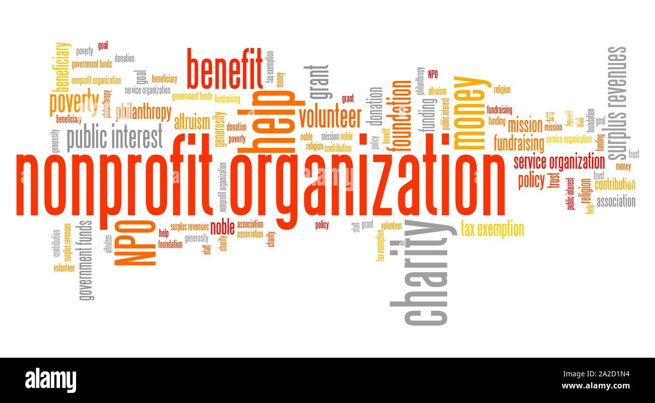 Gemeinnützige Organisationen mit Fragen und Konzepte Wort cloud Abbildung. Wort collage Konzept. Stockfoto