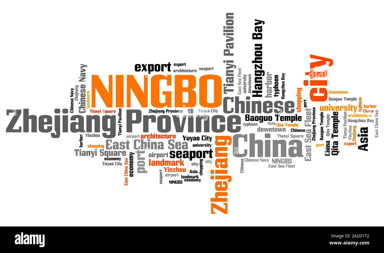 Ningbo Stadt in China. Wort Wolke Konzept. Stockfoto