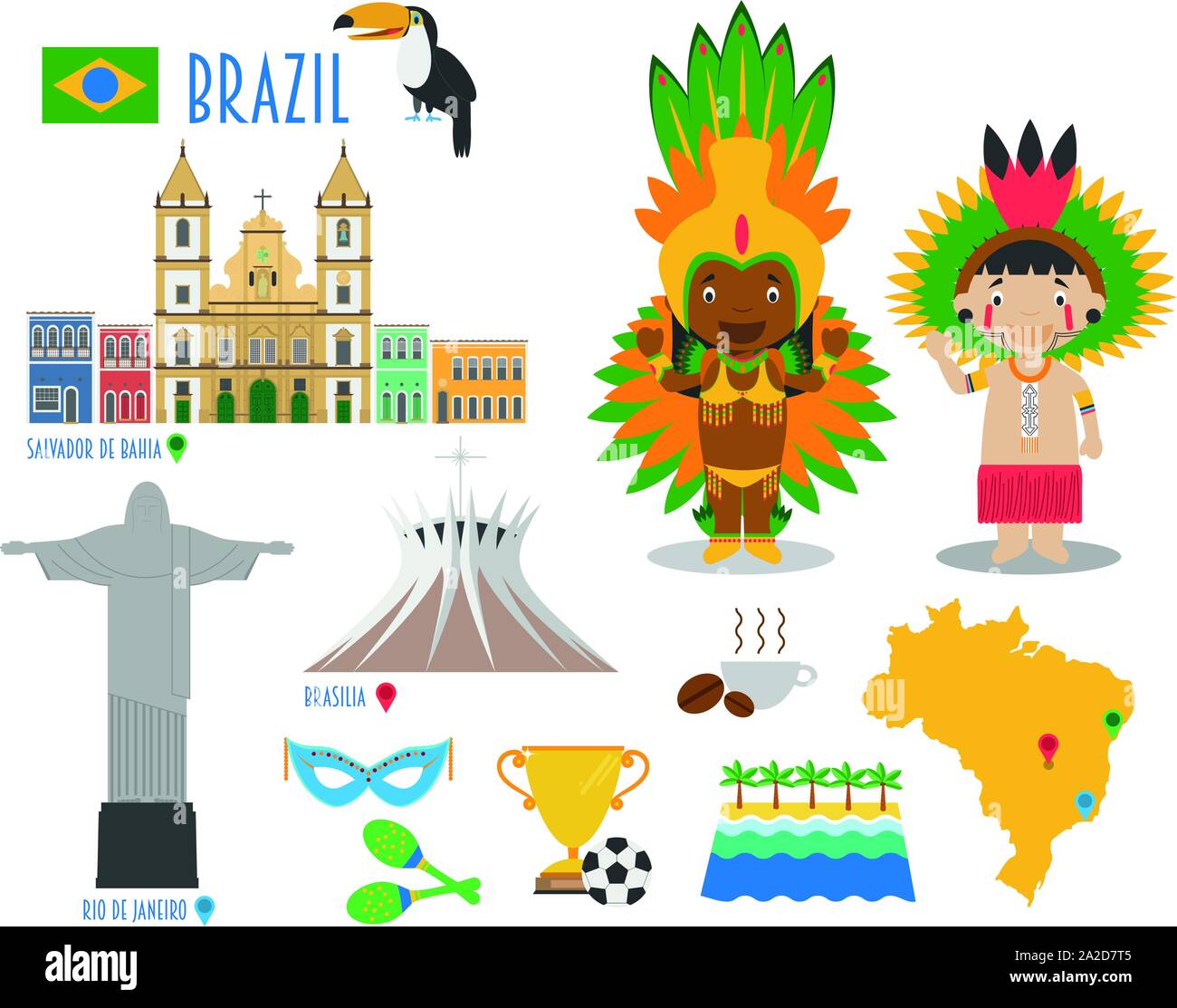 Brasilien Flachbild Icon Set Reise- und Tourismus-Konzept. Vector Illustration Stock Vektor