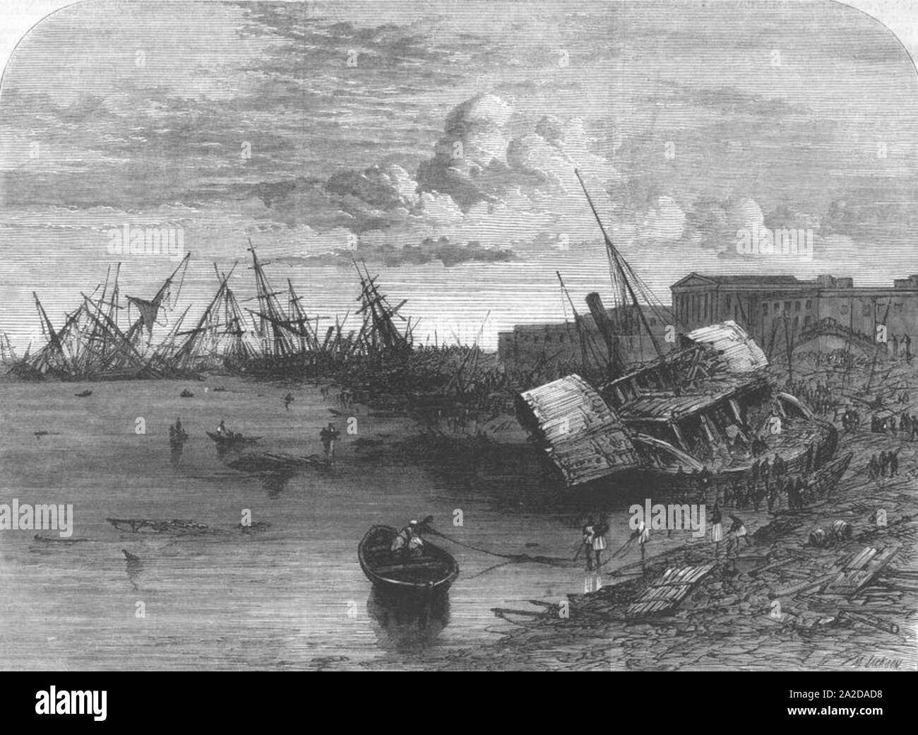 Auswirkungen des Zyklons in Kalkutta aus der Illustrated London News, 1864 eine dritte Ansicht. Stockfoto