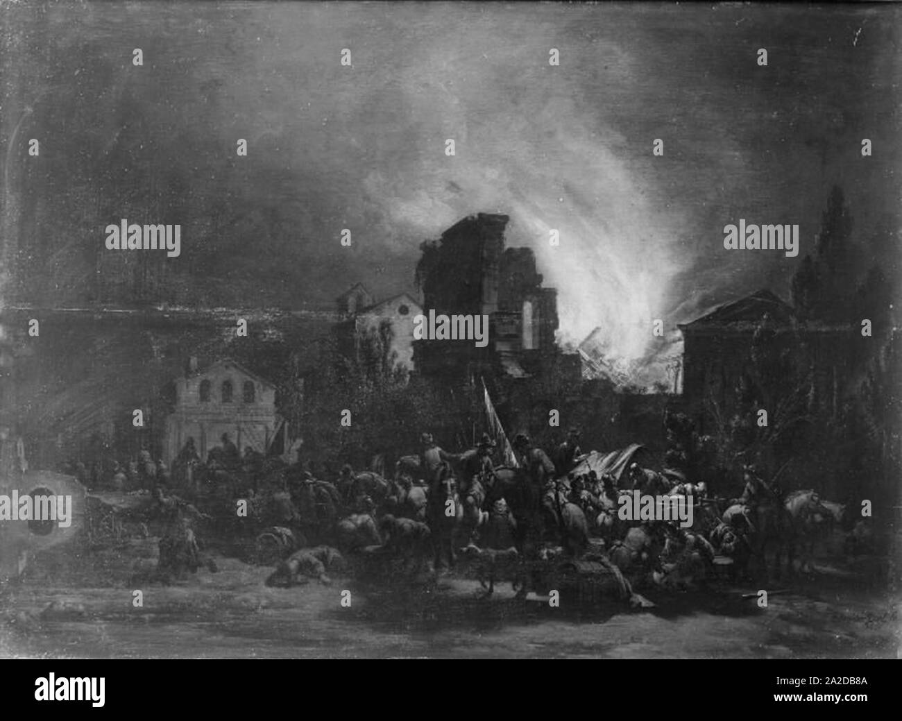 Egbert Lievensz. van der Poel-nächtlichen Brand und Plünderung in einer Stadt Stockfoto
