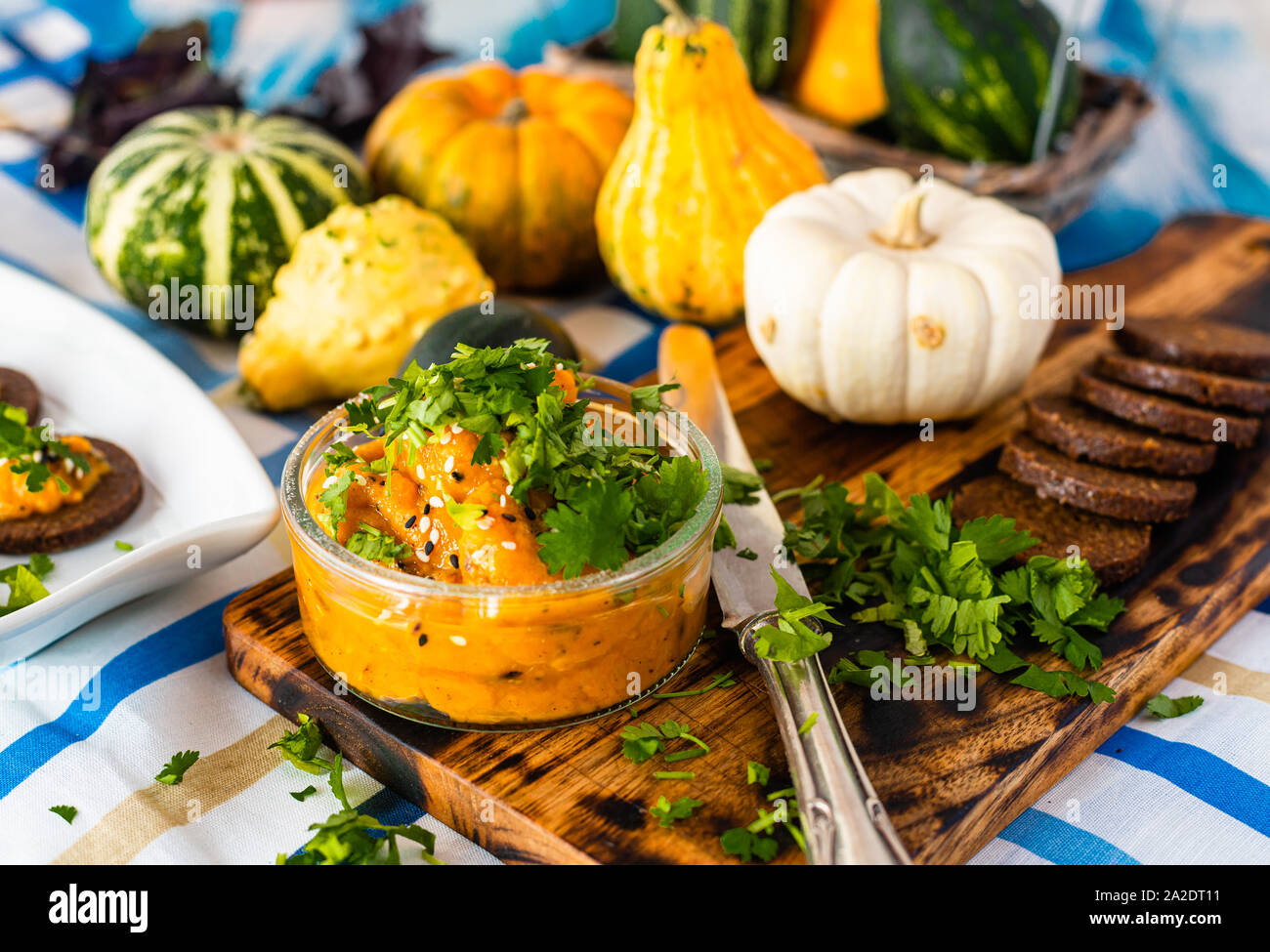 Bunte Kürbisse. Herbst Gemüse und Früchte. Farben des Herbstes. Kürbis Gerichte. Vegetarisches Essen. Lecker und gesund. Fleischloses Gericht. Stockfoto