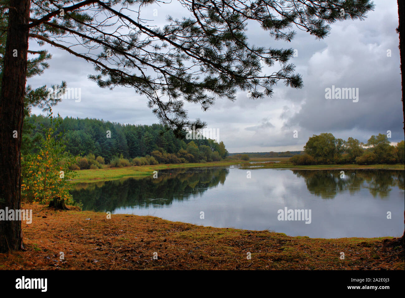 Regen und Wolken am Himmel über misty Herbst Wald. Reflexion der Bäume im Herbst am Flussufer. Moody sky Stockfoto