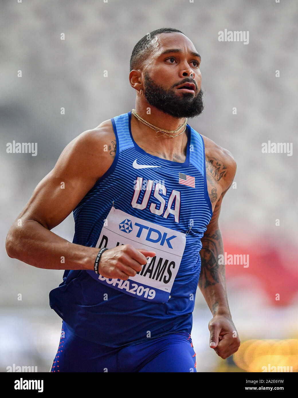 DOHA, Katar. 02 Okt, 2019. Devon Williams der UDS konkurriert in Mens 100 M Decathlon bei Tag 6 der IAAF Leichtathletik WM - Doha 2019 bei Khalifa International Stadium am Mittwoch, Oktober 02, 2019 in Doha, Katar. Credit: Taka G Wu/Alamy leben Nachrichten Stockfoto